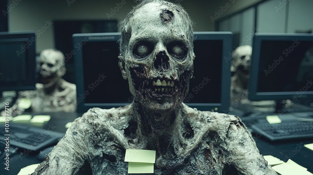 Skeletal remains are found in an abandoned office, with multiple bodies at desks surrounded by outdated technology Skeletal remains are found in an abandoned office, with multiple bodies at desks surrounded by outdated technology