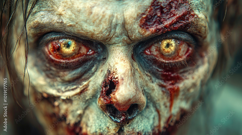 A terrifying zombie with glowing eyes and decaying skin stares intensely, surrounded by a haunting atmosphere during a horror festival A terrifying zombie with glowing eyes and decaying skin stares intensely, surrounded by a haunting atmosphere during a horror festival