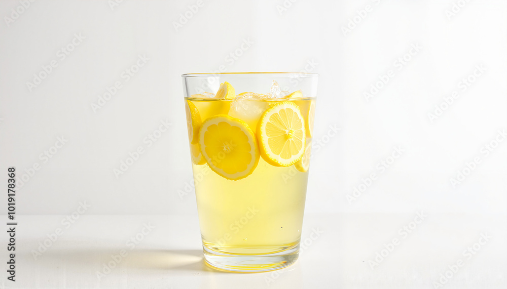 Sparkling lemon water with lemon slices in a clear glass on a light background for refreshing hydration Sparkling lemon water with lemon slices in a clear glass on a light background for refreshing hydration