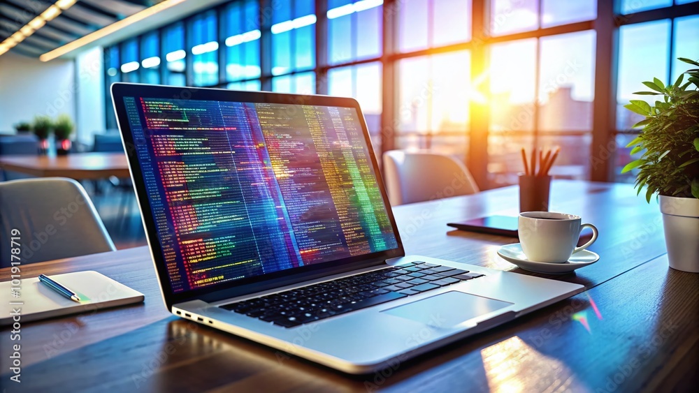 Naklejka premium Modern Digital Technologies and Coding Concept with HTML Code on a Laptop Screen in Office Setting