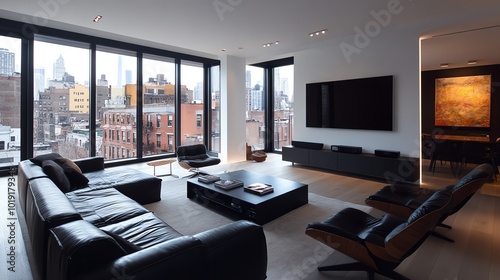 Minimalist living room with a floating media console, sleek black furniture, and large windows, emphasizing light and space, modern minimalism, contemporary style