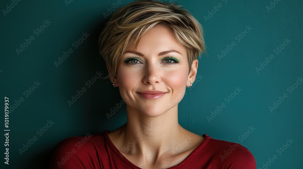 Portrait of a young woman with short hair and green eyeshadow Portrait of a young woman with short hair and green eyeshadow