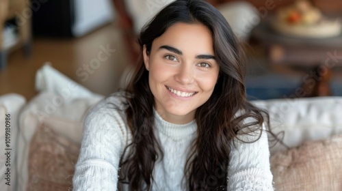 Wallpaper Mural Smiling Woman Relaxing at Home with Natural Light Torontodigital.ca