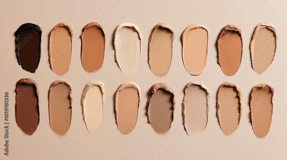 an elegant horizontal collection of swatches of neutral almond foundation, all uniform in size, displayed on a light taupe background an elegant horizontal collection of swatches of neutral almond foundation, all uniform in size, displayed on a light taupe background