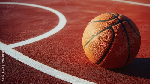 A basketball resting on an outdoor sports court, capturing the essence of the game and the vibrant energy of the playing field. photo