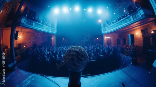 A captivating view from the stage with a microphone facing a full audience under bright blue stage lights in a grand theater setting. photo