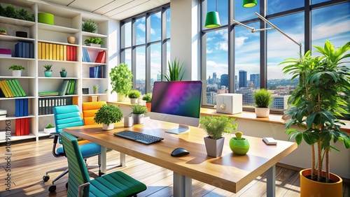 Modern Office Workspace with Computer  Desk  and Office Supplies in a Bright and Organized Environment