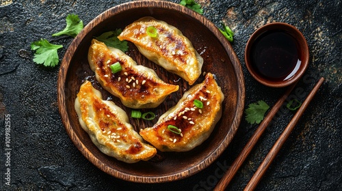 Fried dumplings served on a wooden plate with dipping sauce and chopsticks