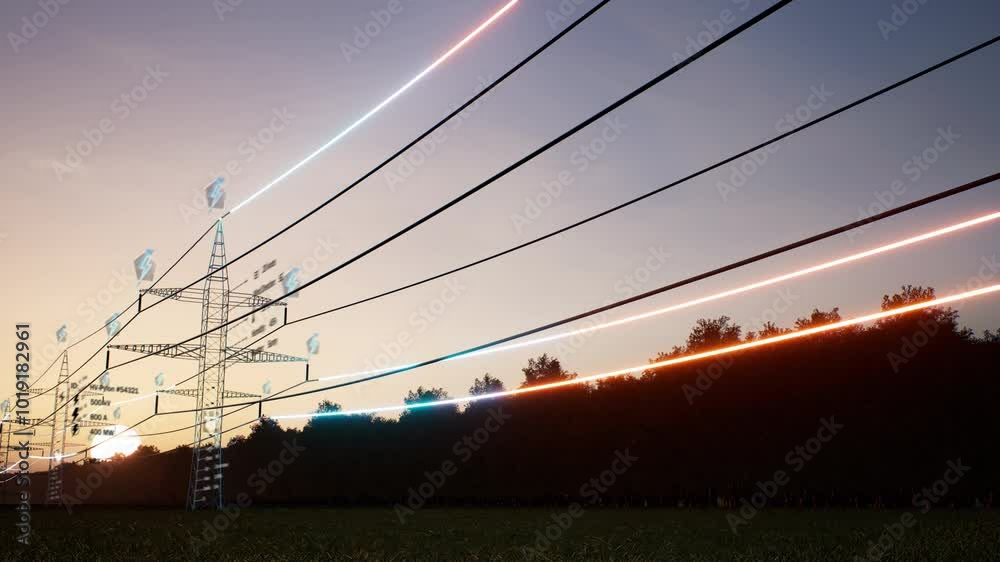 Visualization of energy stream travelling through overhead electrical transfer lines over sunset horizon sky. AR data of sustainable electricity flowing inside web of interconnected cables, 3D render