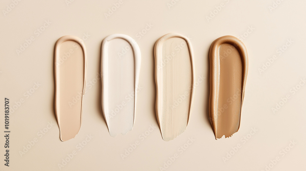 Fototapeta premium a refined horizontal arrangement of swatches featuring fair porcelain foundation, light beige foundation, and medium olive foundation