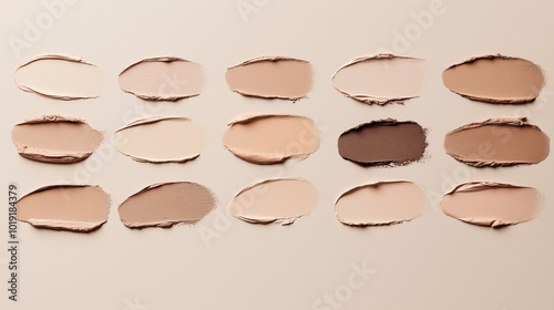 an elegant horizontal collection of swatches of neutral almond foundation, all uniform in size, displayed on a light taupe background