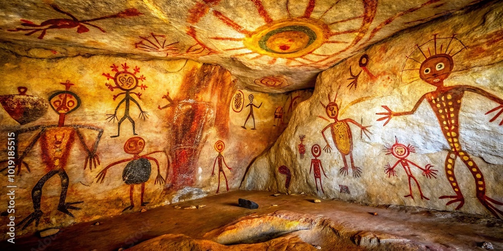 Fototapeta premium Mysterious Ancient Alien Cave Paintings Depicting Extraterrestrial Beings and Cosmic Symbols