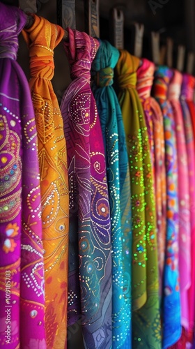 Colorful scarves displayed on a wall, creating a vibrant fashion decoration in a stylish boutique