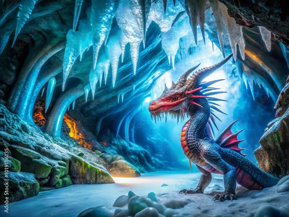 Fototapeta premium Mysterious Dragon Discovered in a Glacial Ice Cave Surrounded by Sparkling Icicles and Frosted Rocks