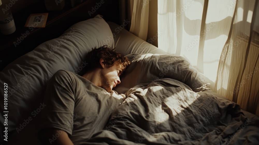 A person rests peacefully in bed, bathed in soft morning light streaming through a window, creating a cozy and tranquil atmosphere. A person rests peacefully in bed, bathed in soft morning light streaming through a window, creating a cozy and tranquil atmosphere.