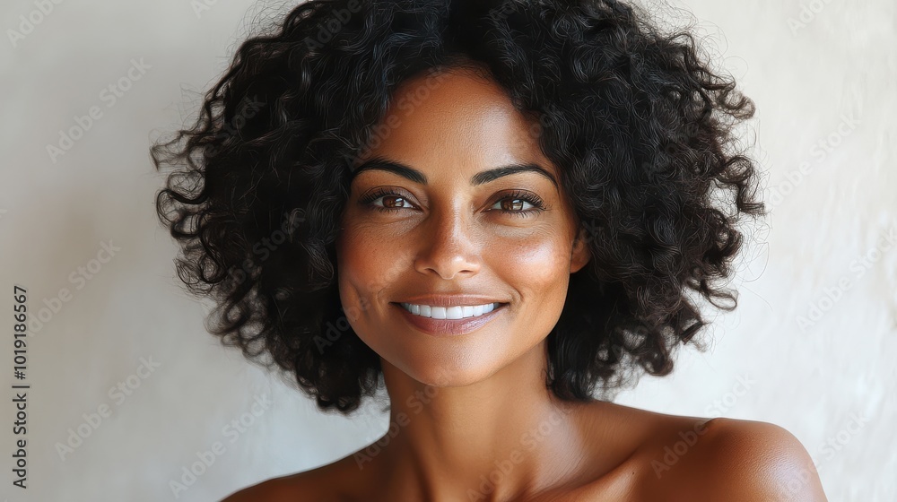 Smiling woman with curly hair and radiant skin Smiling woman with curly hair and radiant skin
