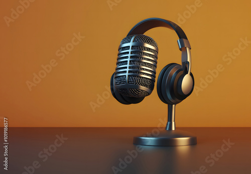 Podcasting and radio concept with a retro microphone, headphones on an empty wooden table, and a dark blank wall background with a place for your logo or text. 3D rendering design