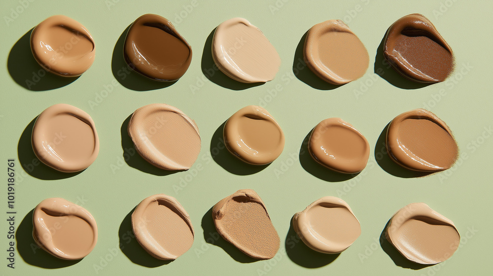 Obraz premium a collection of swatches of medium olive foundation on an earthy green background, with smooth color gradients and a subtle sheen to highlight the texture and glossiness of the foundation