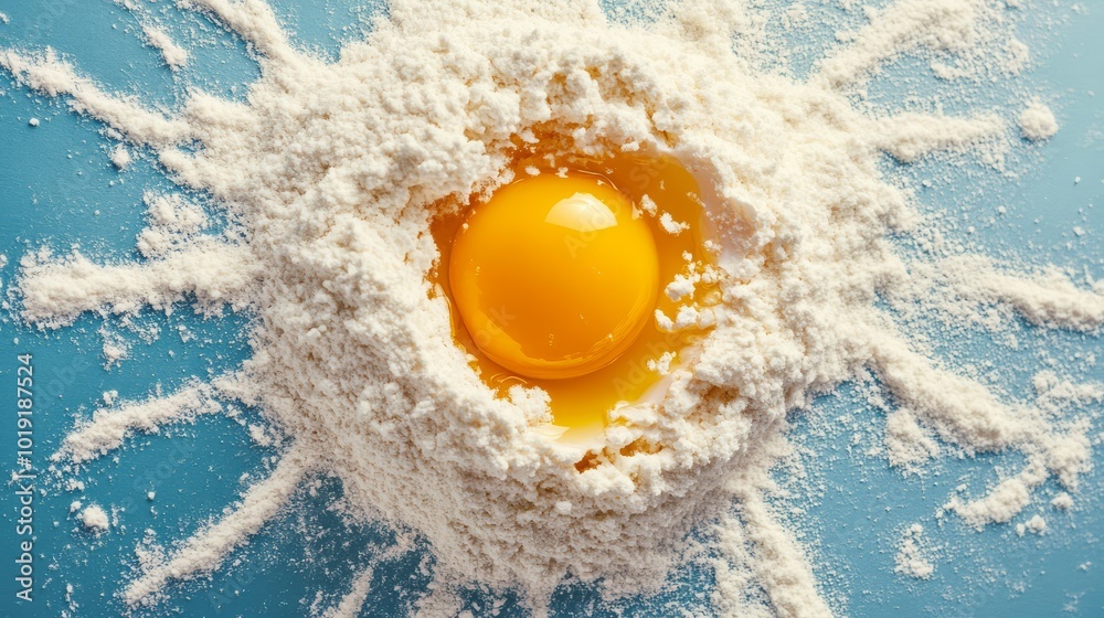 A raw egg surrounded by flour on a blue surface, ready for baking or cooking preparations, highlighting fresh ingredients. A raw egg surrounded by flour on a blue surface, ready for baking or cooking preparations, highlighting fresh ingredients.