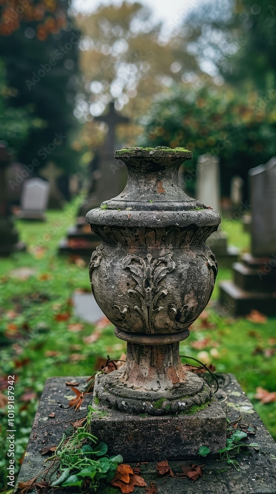 Intricate stone vase resting on a grave in a serene cemetery setting Intricate stone vase resting on a grave in a serene cemetery setting