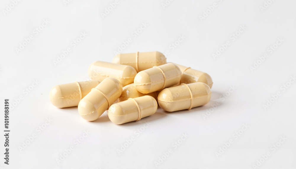 Probiotic capsules stacked on a light background for digestive health and wellness support Probiotic capsules stacked on a light background for digestive health and wellness support