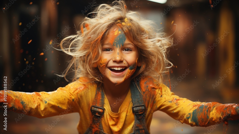 portrait of a funny child girl shows hands dirty with paint. portrait of a funny child girl shows hands dirty with paint.