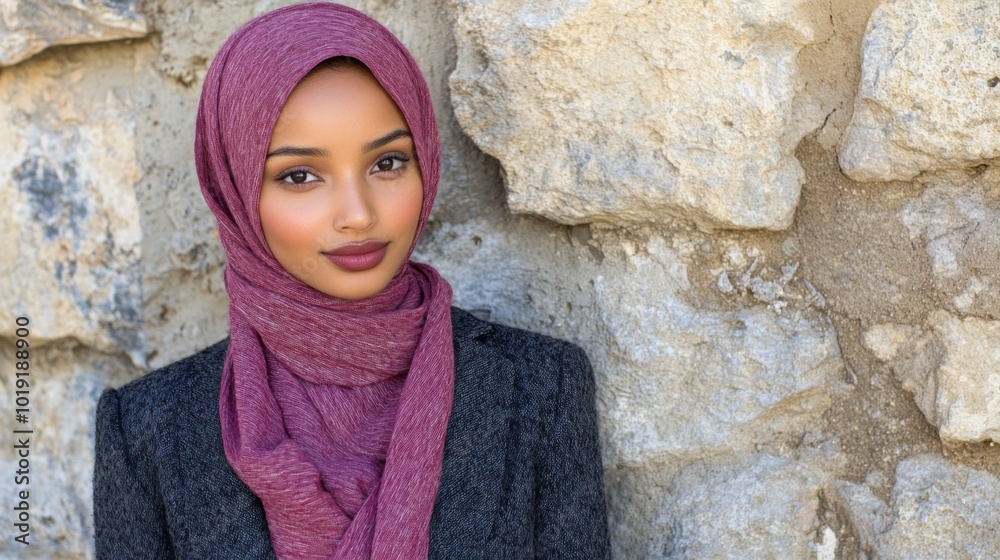 a hijab wearing woman standing in front of an ancient a hijab wearing woman standing in front of an ancient