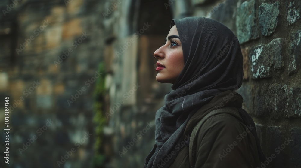 a woman wearing hijab standing in front of an ancient a woman wearing hijab standing in front of an ancient