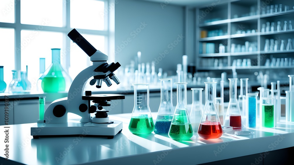 A microscope sits on a lab table with various beakers filled with colorful liquids. The background features more beakers and laboratory equipment on shelves. A microscope sits on a lab table with various beakers filled with colorful liquids. The background features more beakers and laboratory equipment on shelves.
