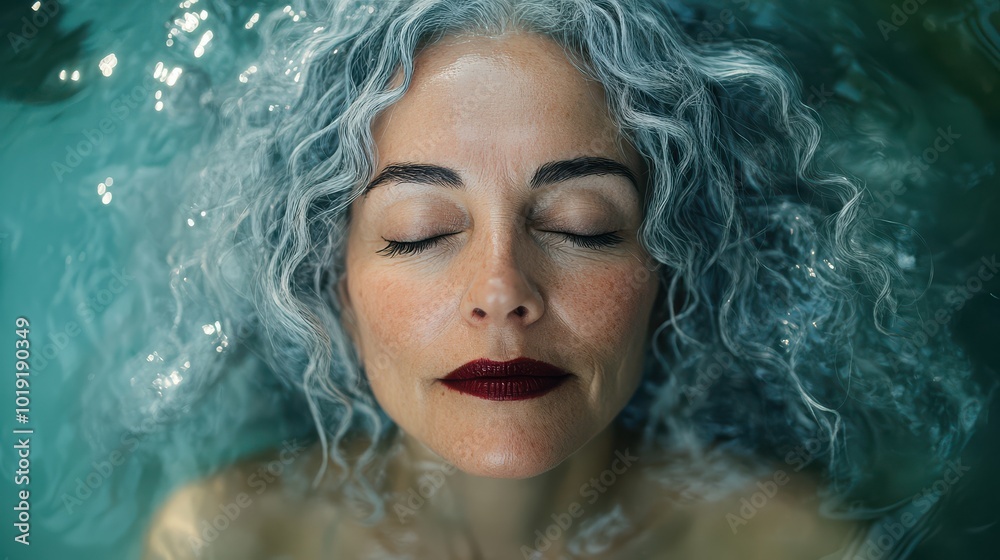 Serene Mature Woman with Eyes Closed, Floating in Water Serene Mature Woman with Eyes Closed, Floating in Water