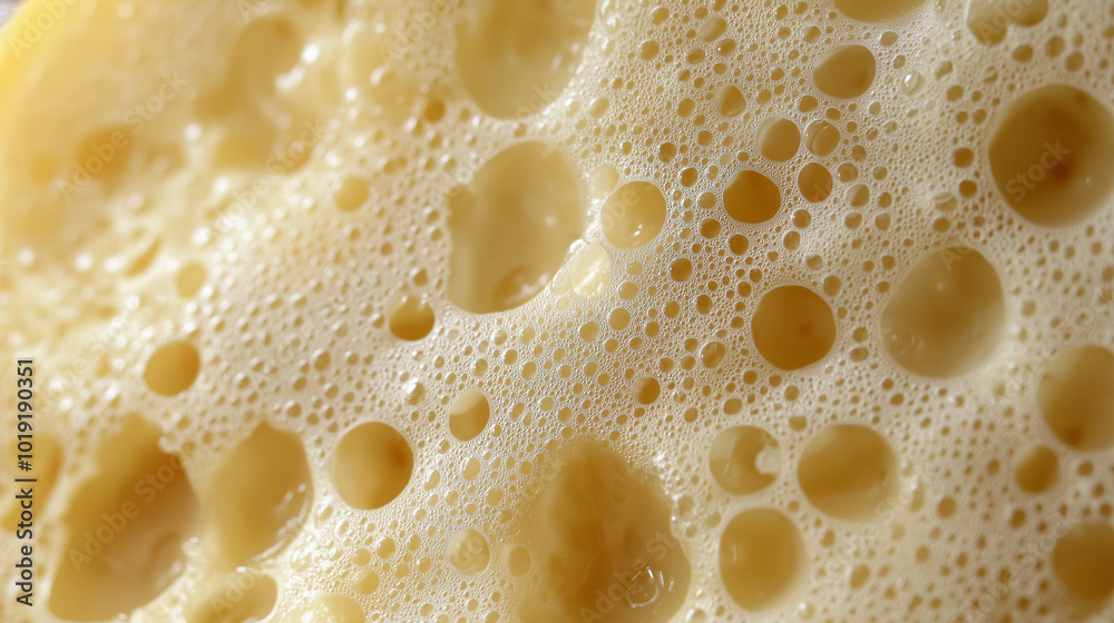 a close-up, top-down view of the surface of a block of cheese, filling the entire frame with a focus on its holes and texture