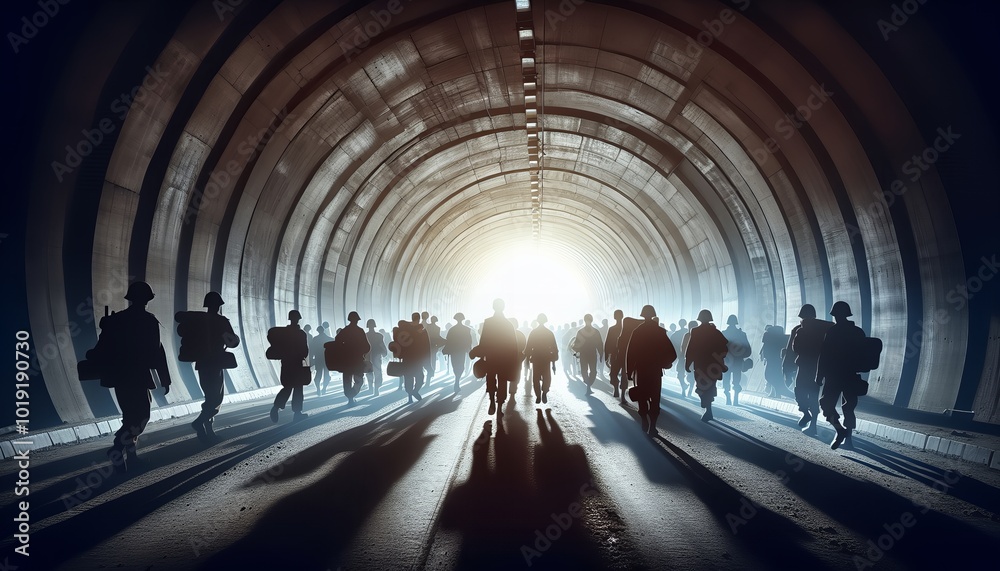 A collective journey of tired soldiers: the figures step out of the darkness into a bright future. A collective journey of tired soldiers: the figures step out of the darkness into a bright future.