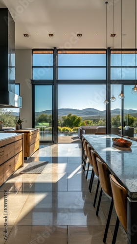 Bright modern kitchen and dining area with large windows showcasing scenic outdoor views