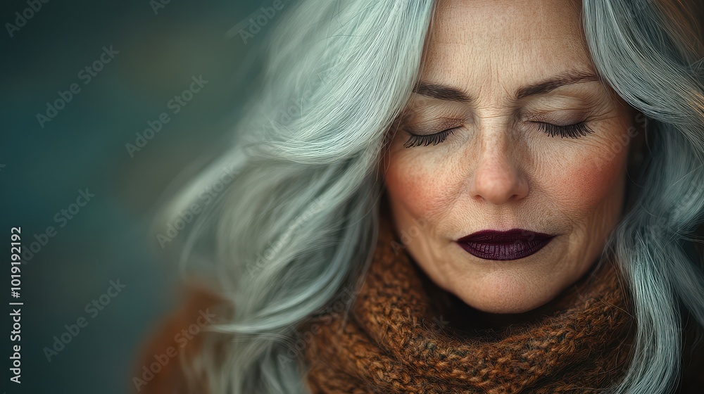 Close-up portrait of a mature woman with silver hair and closed eyes in serene contemplation Close-up portrait of a mature woman with silver hair and closed eyes in serene contemplation