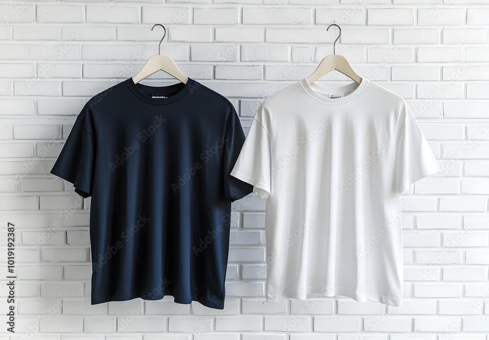 Blank Navy Blue and White T-Shirts on Wooden Hangers Blank Navy Blue and White T-Shirts on Wooden Hangers