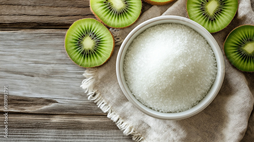 allulose sugar, d-allulose, d-psicose, rare sugar concept image: top down view, a bowl of sugar with kiwi placed nearby on a simple photo