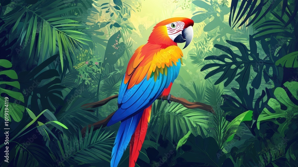 custom made wallpaper toronto digitalA colorful macaw perched on a branch in lush foliage.