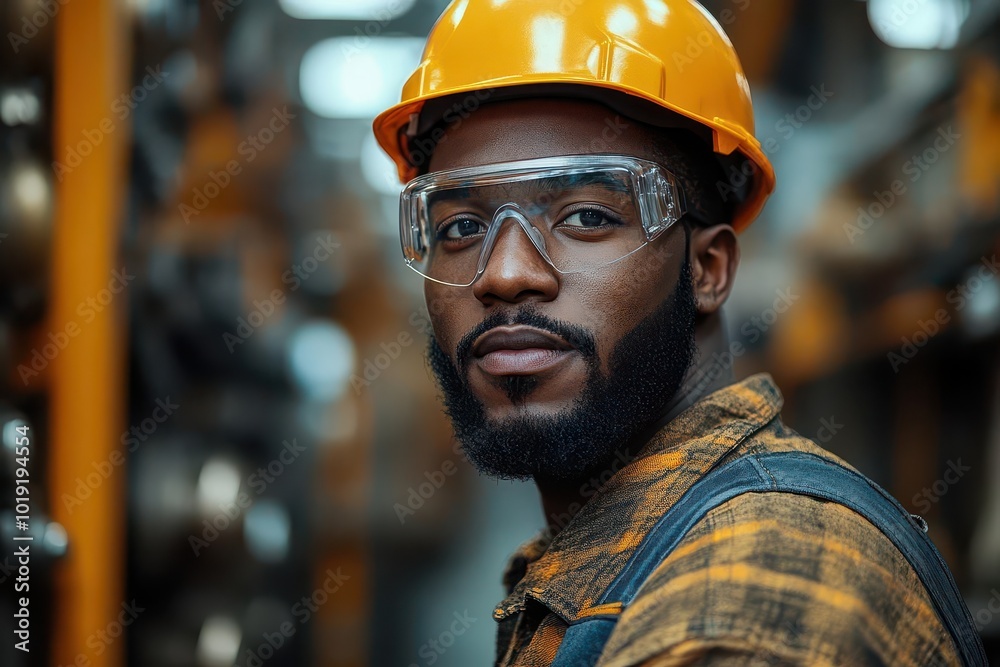portrait of a confident african american factory worker wearing safety gear standing proudly next to industrial machinery natural lighting emphasizes authenticity and professionalism portrait of a confident african american factory worker wearing safety gear standing proudly next to industrial machinery natural lighting emphasizes authenticity and professionalism