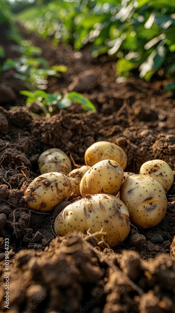 Freshly harvested potatoes resting in brown soil near the potato plants in summer sunlight Freshly harvested potatoes resting in brown soil near the potato plants in summer sunlight