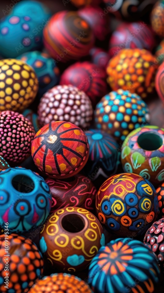 Intricate painted wood beads showcasing vibrant colors and patterns in a creative display Intricate painted wood beads showcasing vibrant colors and patterns in a creative display