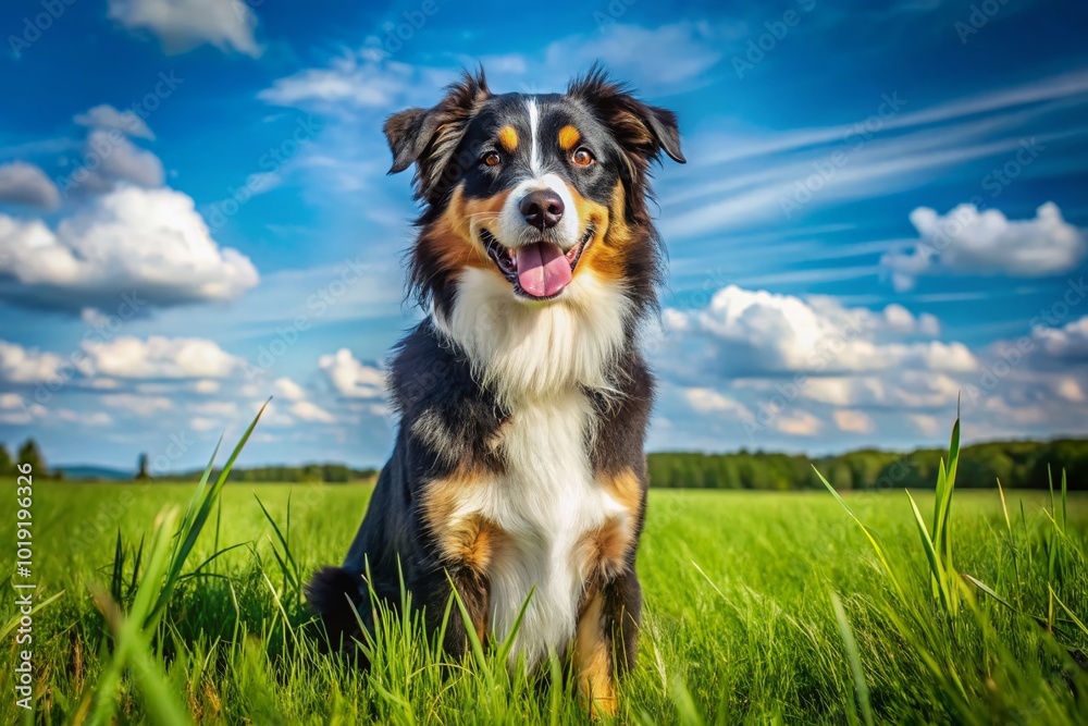 Playful black tri Australian shepherd dog sitting in a lush green field under a bright blue sky Playful black tri Australian shepherd dog sitting in a lush green field under a bright blue sky