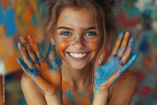 portrait of a joyful girl with messy hands covered in colorful paint her laughter captured as she displays her creativity in a vibrant artfilled space brimming with inspiration photo