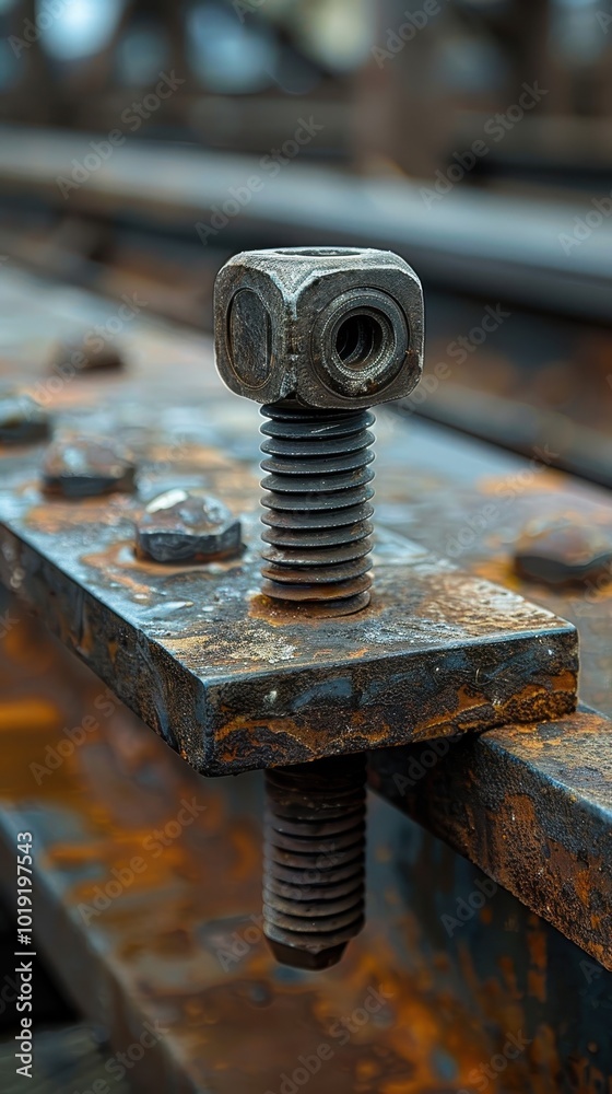 Close-up of a securely fastened screw and nut on a metal plate showing mechanical stability Close-up of a securely fastened screw and nut on a metal plate showing mechanical stability