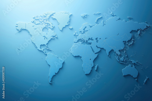 Detailed world map in soft blue tones with depth