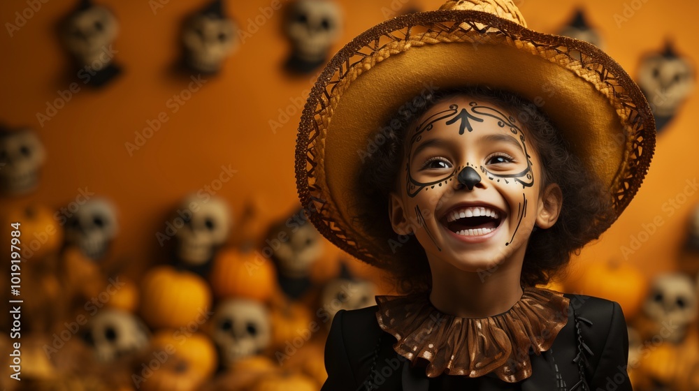 Obraz premium Portrait of funny child in Halloween disguise dancing isolated on yellow color background. Happy little girl in skeleton costume and witch hat, with skull makeup having fun at Halloween party