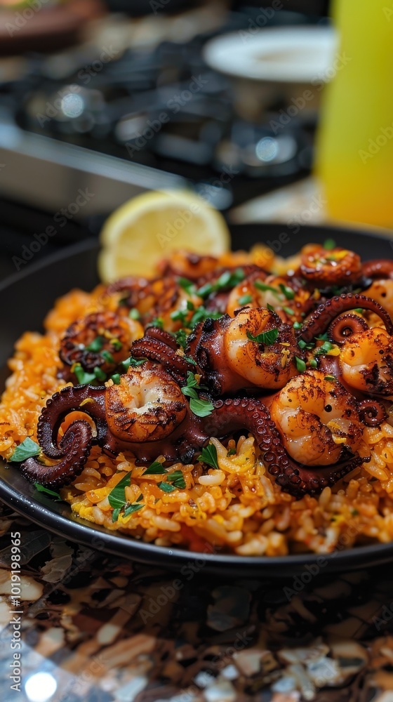 Delicious octopus served over rice with lemon garnish in a cozy kitchen setting Delicious octopus served over rice with lemon garnish in a cozy kitchen setting