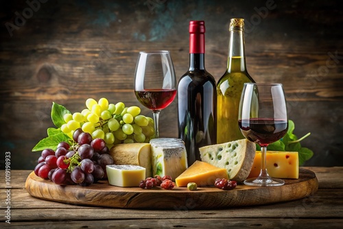 Assortment of cheeses, grapes, wine bottle and glass on a wooden board