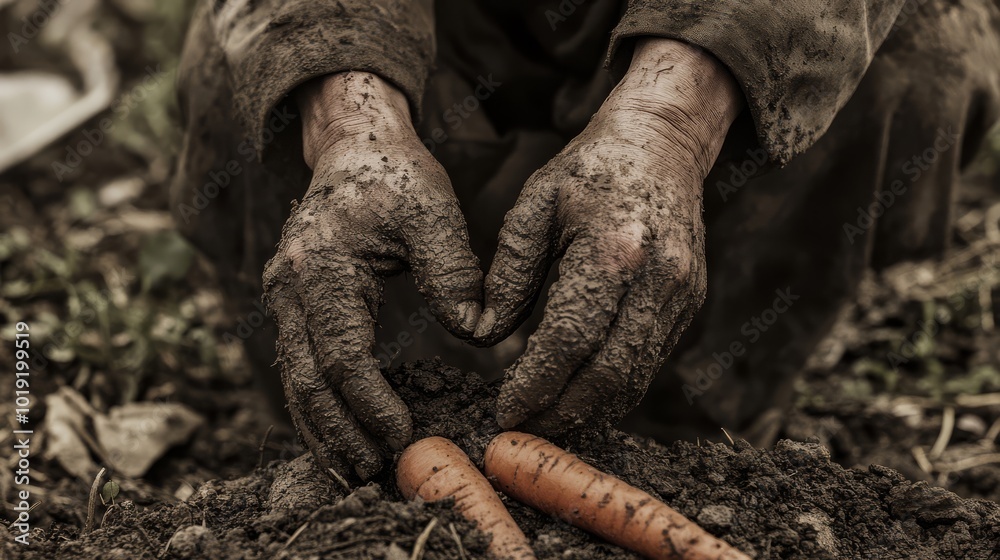 Close-up of a gardener's hands covered in soil while harvesting fresh carrots, symbolizing hard work and connection to the earth. Close-up of a gardener's hands covered in soil while harvesting fresh carrots, symbolizing hard work and connection to the earth.