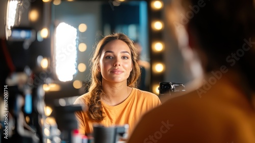 A young woman with a serene expression sits in a makeup studio, ready to be filmed or photographed, surrounded by professional lighting and equipment.