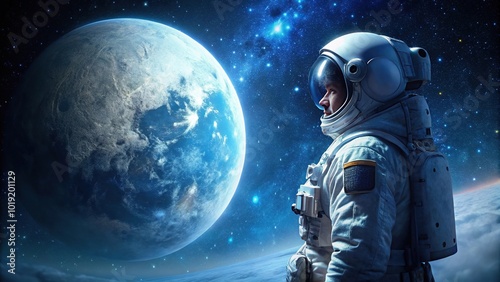 Astronaut gazing at moon in starry night sky aerial view